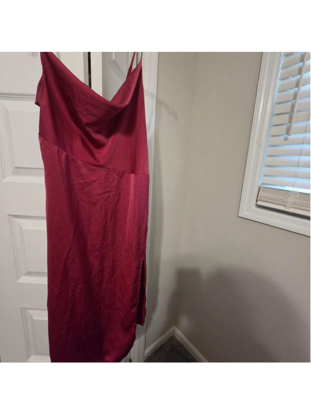 dark pink d & m size medium satin slip dress with cowl neckline, side slit, and